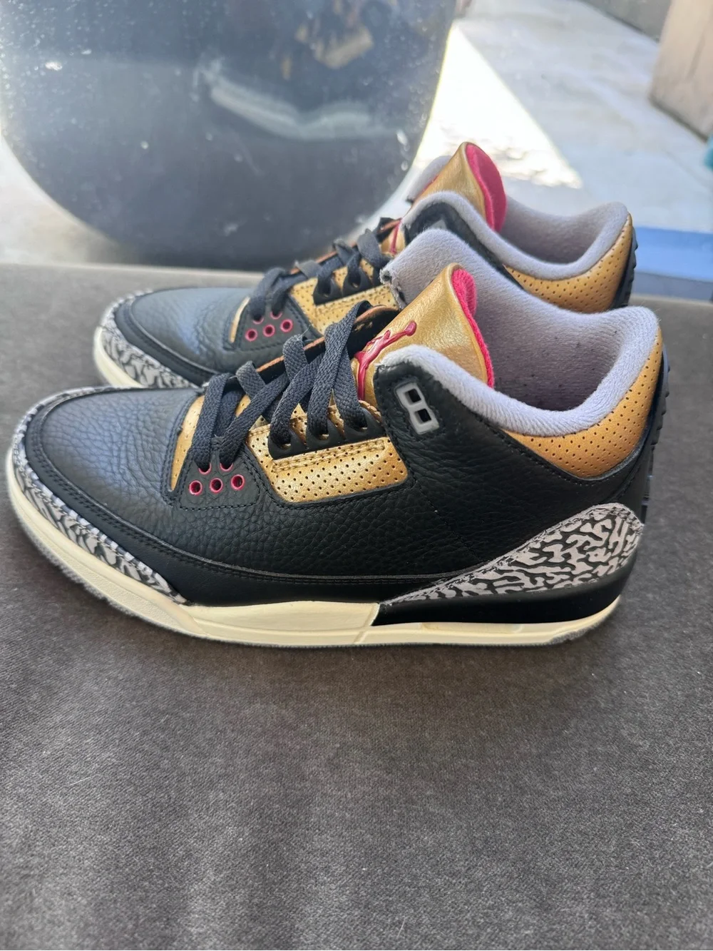 Jordan Air Jordan 3 Sneakers - Black, Gold & Red Accents size 6 women or 4.5 kid